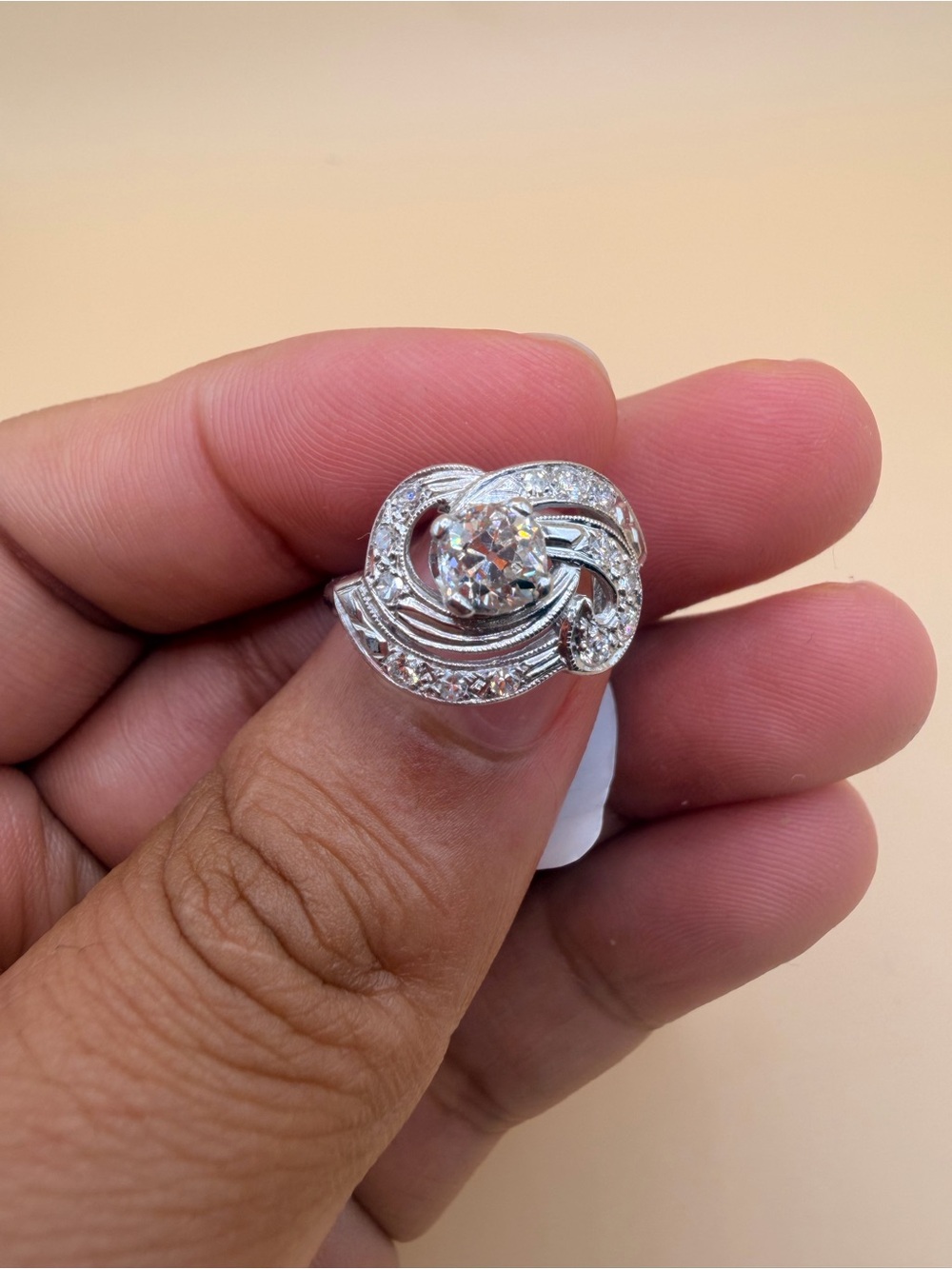 14k White Gold Retro Deco .65 Ctw Diamond Ring Size 5.75.